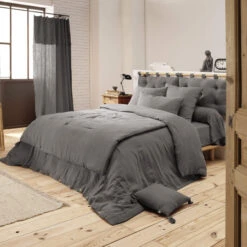 Housse De Couette Double Gaze De Coton Gris Anthracite -Magasin De Literie anthracite ambiance 2