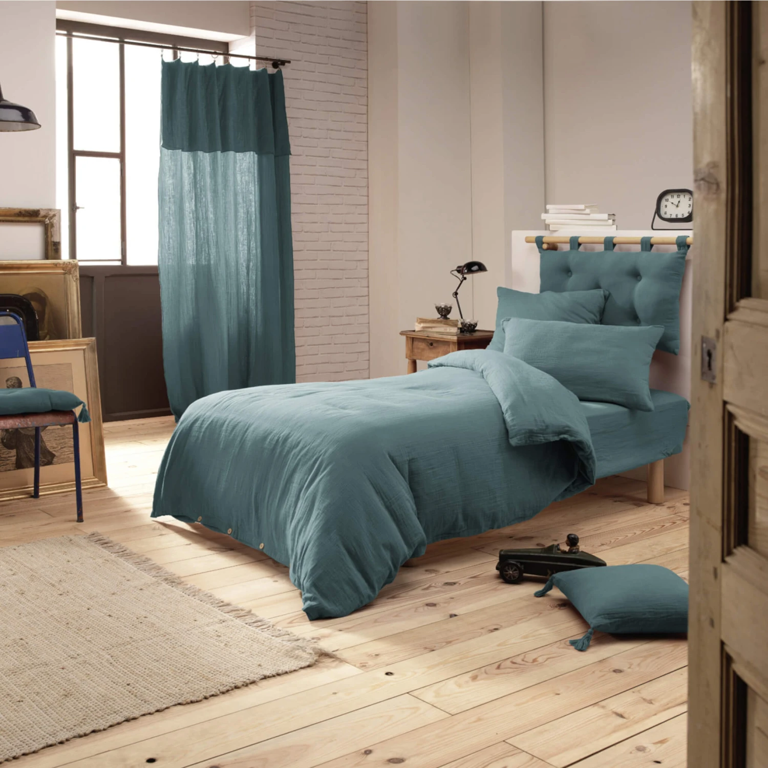 Housse De Couette Double Gaze De Coton Bleu Canard 6 Housse De Couette Double Gaze De Coton Bleu Canard – Image 4