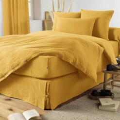 Housse De Couette Double Gaze De Coton Jaune Safran -Magasin De Literie finition jaune 1