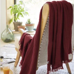 Plaid Gaze De Coton à Franges Bordeaux -Magasin De Literie gaia bordeaux amb 2 plaid