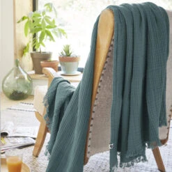 Plaid Gaze De Coton à Franges Bleu Canard -Magasin De Literie gaia canard amb 2 plaid