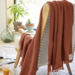Plaid Gaze De Coton à Franges Orange Terracotta -Magasin De Literie gaia orange amb 2 plaid