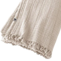 Plaid Gaze De Coton à Franges Beige 9 Plaid Gaze De Coton à Franges Beige -Magasin De Literie gaia plaid beige zoom