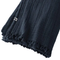 Plaid Gaze De Coton à Franges Marine -Magasin De Literie gaia plaid bleumarine zoom