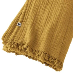 Plaid Gaze De Coton à Franges Jaune Safran 9 Plaid Gaze De Coton à Franges Jaune Safran -Magasin De Literie gaia plaid jaune zoom