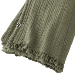 Plaid Gaze De Coton à Franges Kaki 9 Plaid Gaze De Coton à Franges Kaki -Magasin De Literie gaia plaid kaki zoom