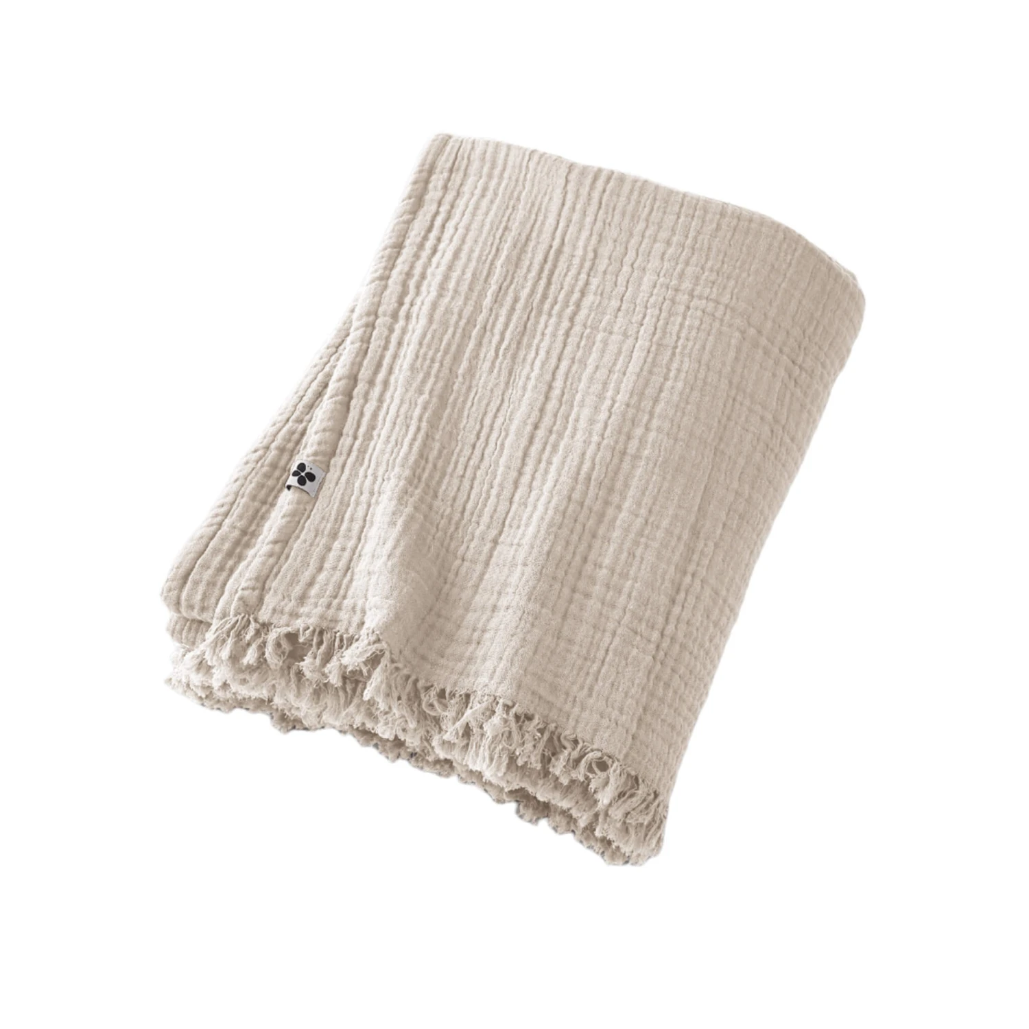 Plaid Gaze De Coton à Franges Beige 4 Plaid Gaze De Coton à Franges Beige – Image 2