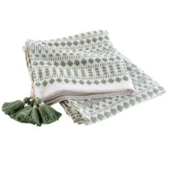 Plaid à Pompons Coton Tissé Maldives 125x150 Cm -Magasin De Literie plaid maldives kaki fond blanc 1