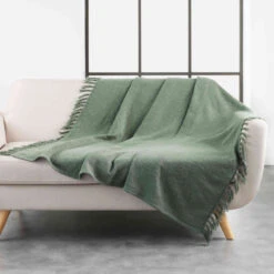Plaid à Franges En Coton Tissé Zamina 125x150 Cm -Magasin De Literie plaid zamina kaki