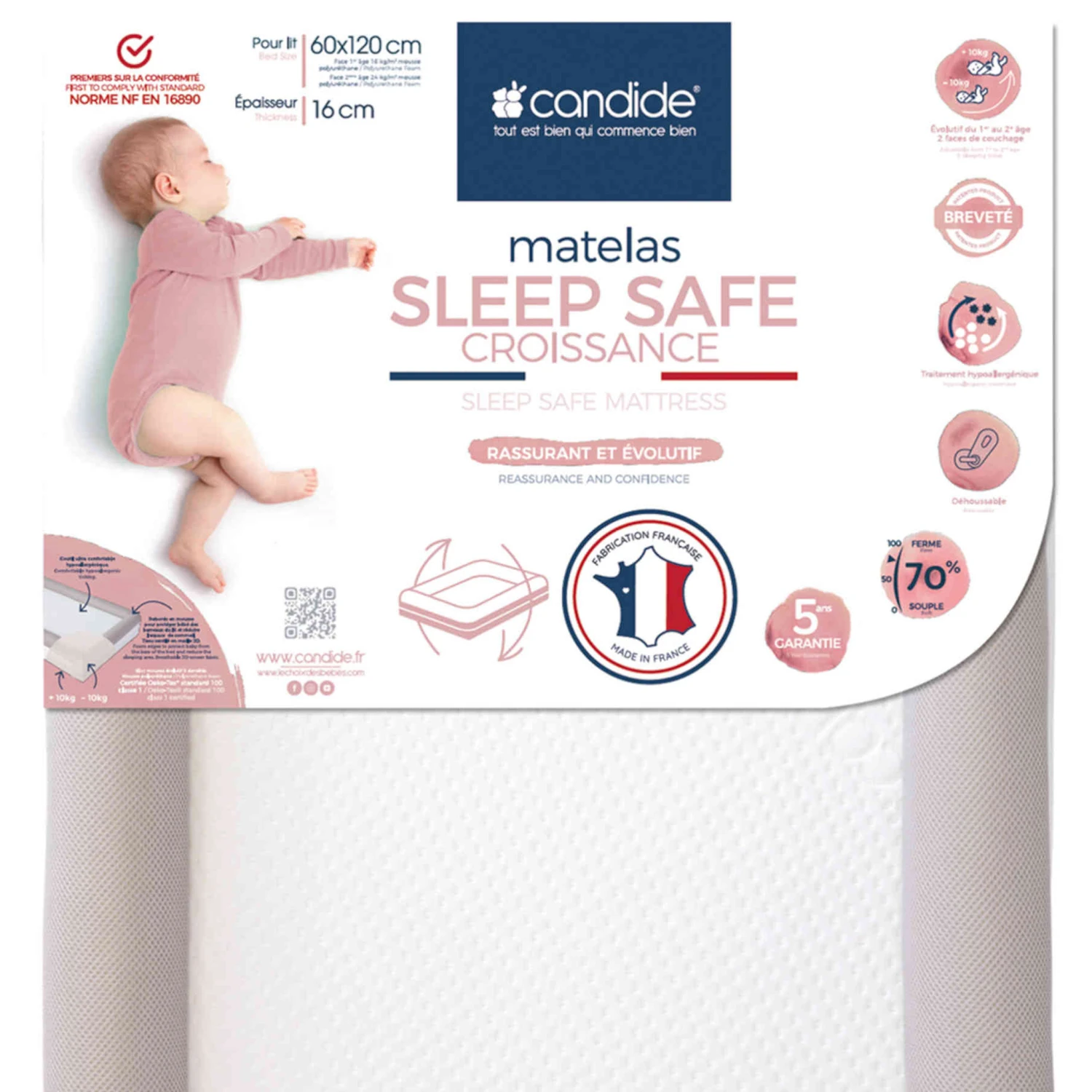 Candide Matelas Bébé Déhoussable SLEEP SAFE CROISSANCE 4 Candide Matelas Bébé Déhoussable SLEEP SAFE CROISSANCE – Image 2