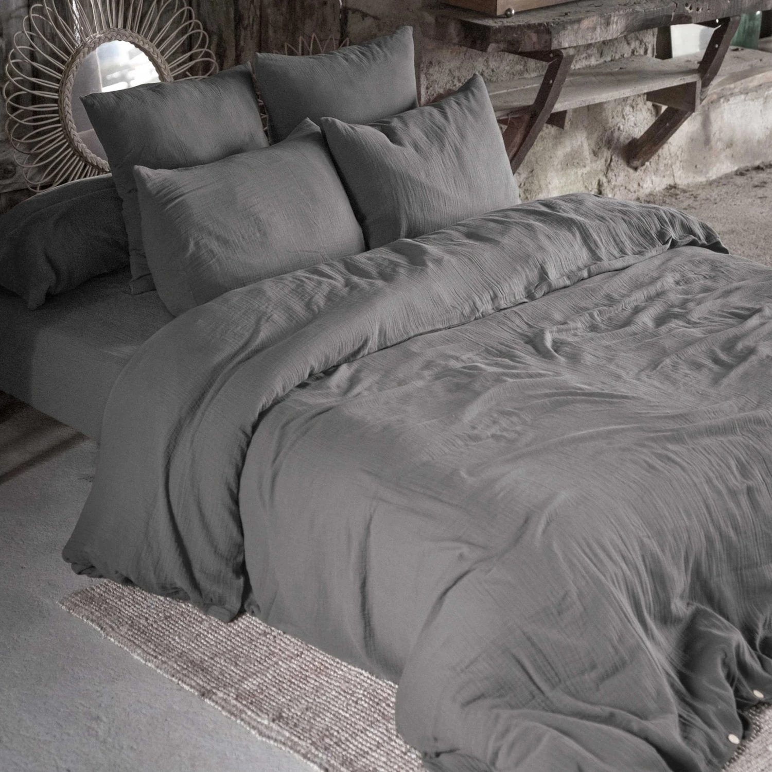 Taie D'oreiller Double Gaze De Coton Gris Anthracite 5 Taie D'oreiller Double Gaze De Coton Gris Anthracite – Image 3