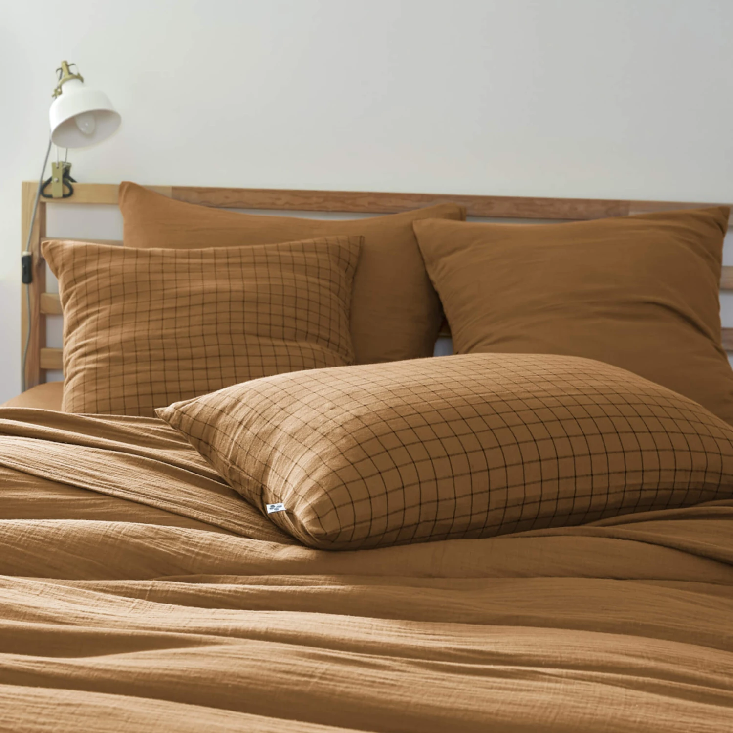 Taie D'oreiller à Carreaux Double Gaze De Coton Marron 3 Taie D'oreiller à Carreaux Double Gaze De Coton Marron